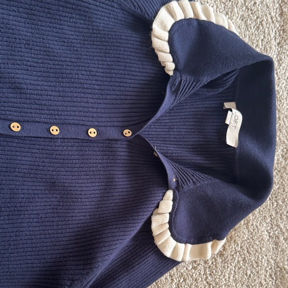 LOFT Navy and Cream Sweater with Ruffle Collar and Cuffs - Picture 4 of 6